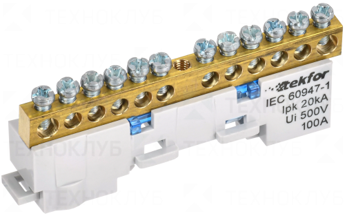 Шина нулевая на DIN-рейку  6x9  12 отв. синяя (Tekfor)  IEK