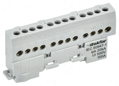 Шина нулевая на DIN-рейку в изоляторе  6x9  10 отв. серая (Tekfor)  IEK