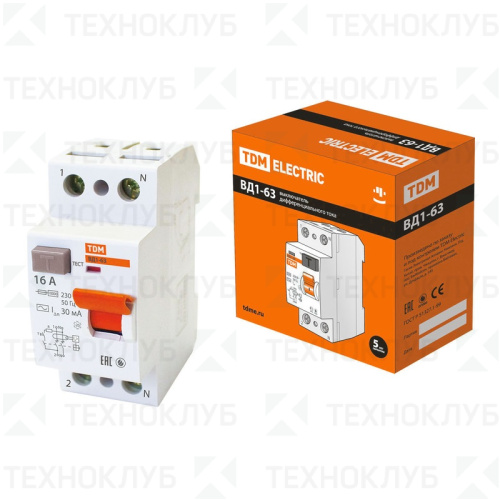 Выключатель диф.(УЗО) ВД1-63 2п 16А/30мА TDM