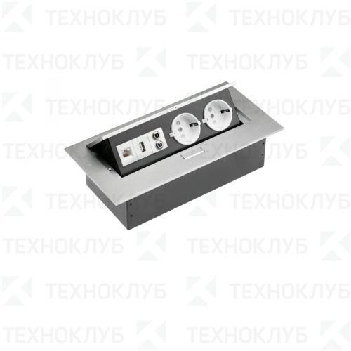 Розетка выдвижная 2 гнезда+USB+AU+RG45 (266х130мм) алюм. GTV
