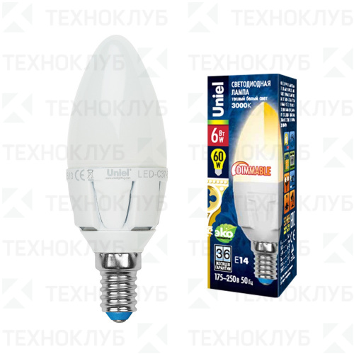Лампа светодиод. E14   6W C37 DIM Uniel 3000K