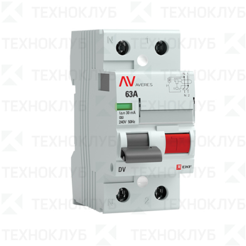 Выключатель диф.(УЗО) DV 2п  63A  30mA 10kA (36мм) электромех. тип A  AVERES EKF