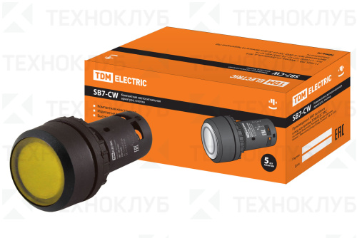 Кнопка плоская с подсветкой d22мм (желтая) 1НО+1НЗ с фикс.  SB7-CWL3565 (230VAC LED) IP54  TDM