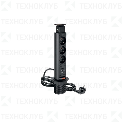 Розетка выдвижная 3 гнезда +USB (d 55мм) черн. GTV