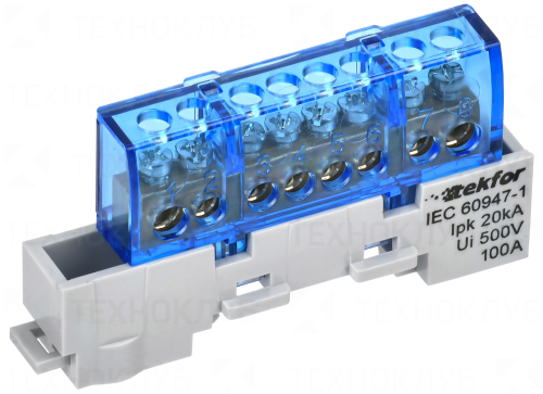 Шина нулевая на DIN-рейку в изоляторе  6x9   8 отв. синяя (Tekfor)  IEK