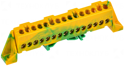 Шина нулевая на DIN-рейку в изоляторе "Стойка" 6x9  15 отв. жел./зелен. (Tekfor)  IEK