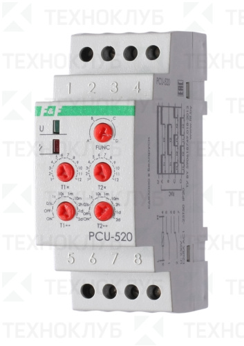 Реле времени PCU-520 2x8А 230В AC 2NO/NC (задер 0,1сек-24сут/ 2 функции/ цикл по 2 нагр.) DIN  F&F