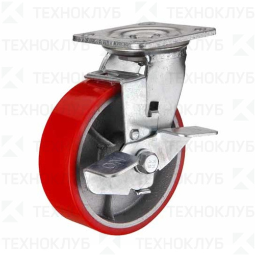 Колесо большегрузное полиуретановый обод поворотное с тормозом 100 мм