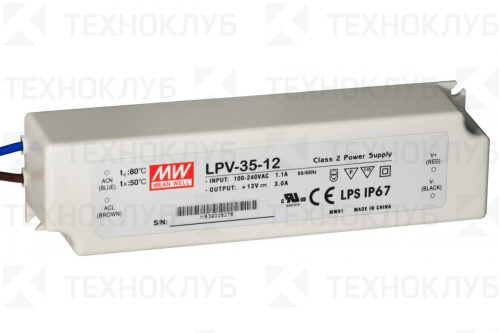Блок питания 12В  36Вт (3,0A) IP67 LPV-35-12 Mean Well