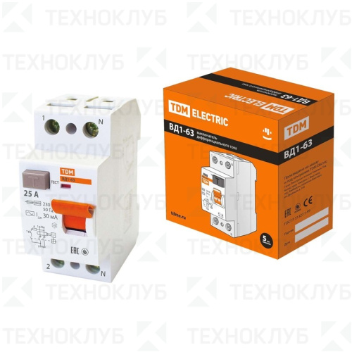 Выключатель диф.(УЗО) ВД1-63 2п 25А/30мА TDM