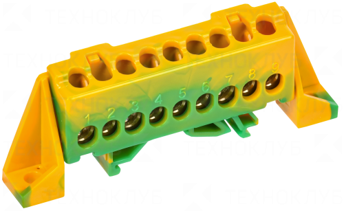 Шина нулевая на DIN-рейку в изоляторе "Стойка" 6x9   9 отв. жел./зелен. (Tekfor)  IEK