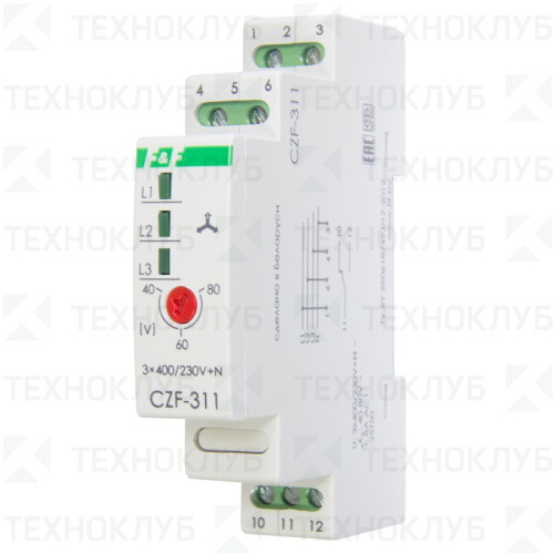 Реле контроля фаз CZF-311 1P защ.двиг., конт-ль. конт-ра, задерж. откл. F&F