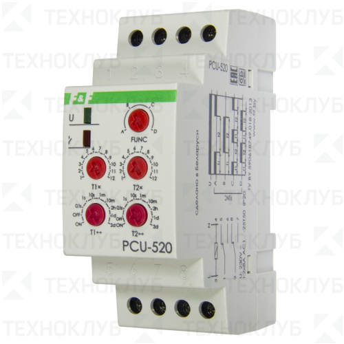 Реле времени PCU-520 2x8А 230В AC 2NO/NC (задер 0,1сек-24сут/ 2 функции/ цикл по 2 нагр.) DIN  F&F