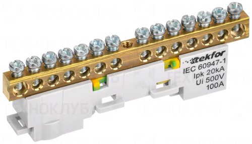 Шина нулевая на DIN-рейку  6x9  14 отв. жел./зелен. (Tekfor)  IEK