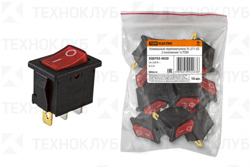 Выключатель клавишный с подсветкой (19.2x13) ON-OFF 250V 6A (3с) красный (YL211-02)  TDM