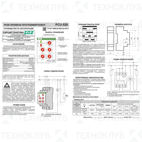 Реле времени PCU-520 2x8А 230В AC 2NO/NC (задер 0,1сек-24сут/ 2 функции/ цикл по 2 нагр.) DIN  F&F