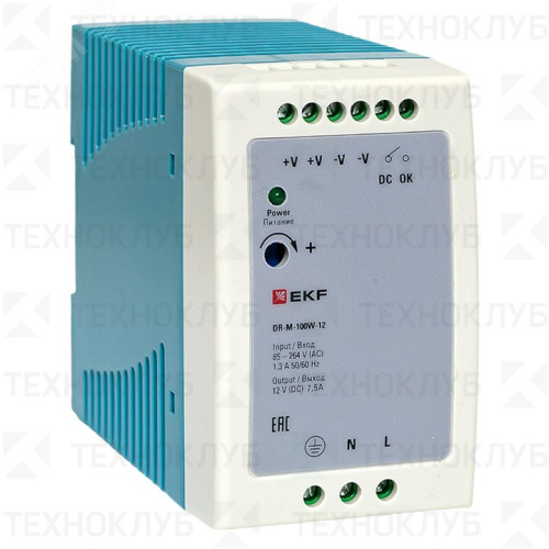 Блок питания на DIN-рейку 12V/DC 100Вт (7.5A) DR-M-100W-12  EKF