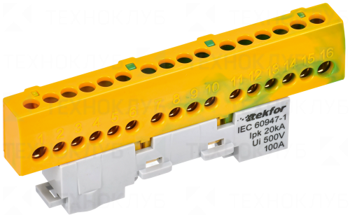 Шина нулевая на DIN-рейку в изоляторе  6x9  16 отв. жел./зелен. (Tekfor)  IEK