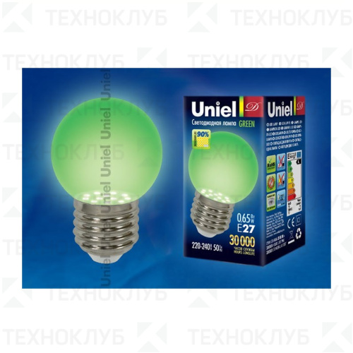 Лампа светодиод. E27   0.65W шар зел Uniel