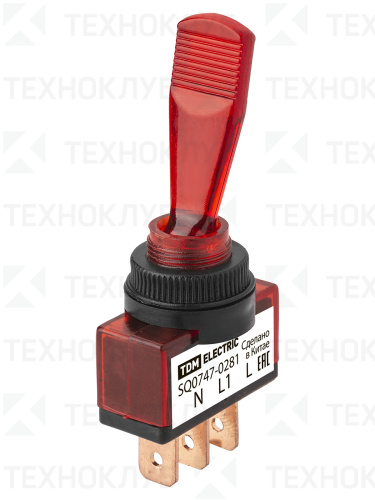 Тумблер с подсветкой (d12.2) ON-OFF  12V AC/DC 15А (3c) красный однополюсный (ASW-13D)  TDM