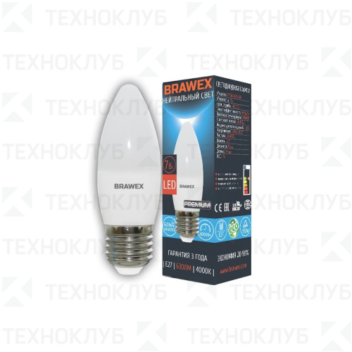 Лампа светодиод. E27   7W B35 4000K свеча Brawex