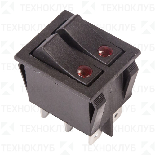 Выключатель двухклавишный с подсветкой (28.5x22) ON-OFF 250V 15A (6с) черный (RWB-512)  REXANT